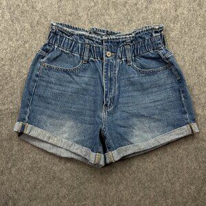 KanCan High Waist Paperbag Waist Jean Shorts Women's Size L Medium Wash Denim